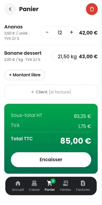 Panier d'une vente avec les lignes, la remise et le total