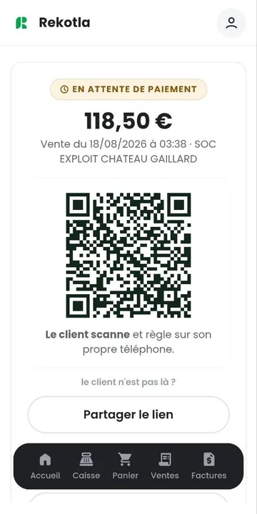 Écran de partage du lien de paiement par WhatsApp, SMS ou email
