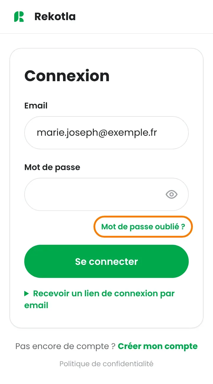 Écran de connexion Rekotla, le lien Mot de passe oublié entouré sous le champ du mot de passe