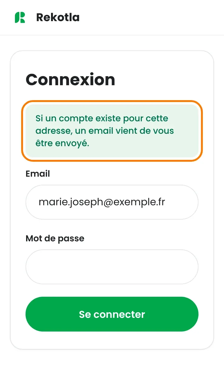Page de connexion avec le message vert : un email vient de vous être envoyé