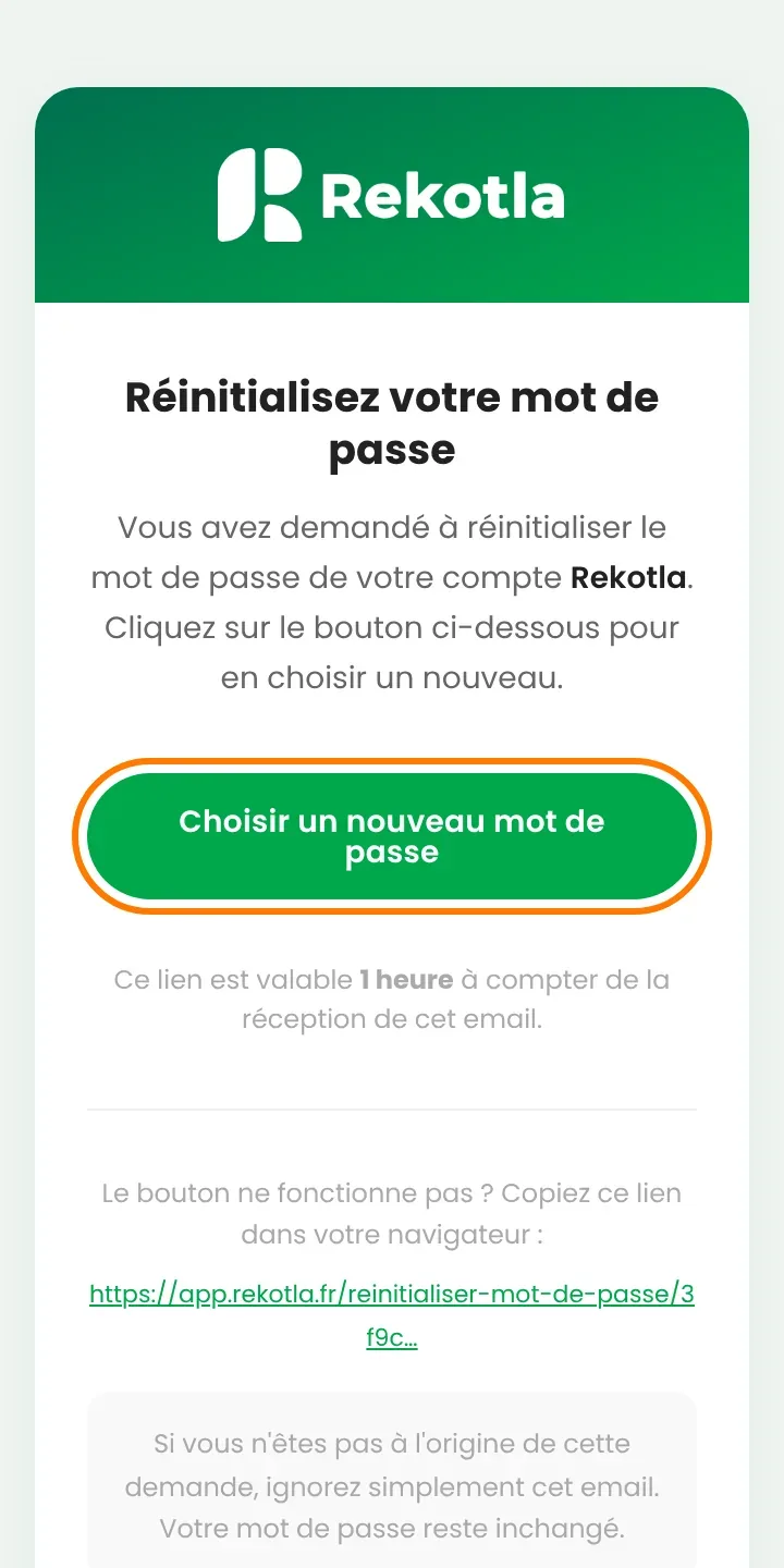 Email Rekotla Réinitialisez votre mot de passe avec le bouton Choisir un nouveau mot de passe
