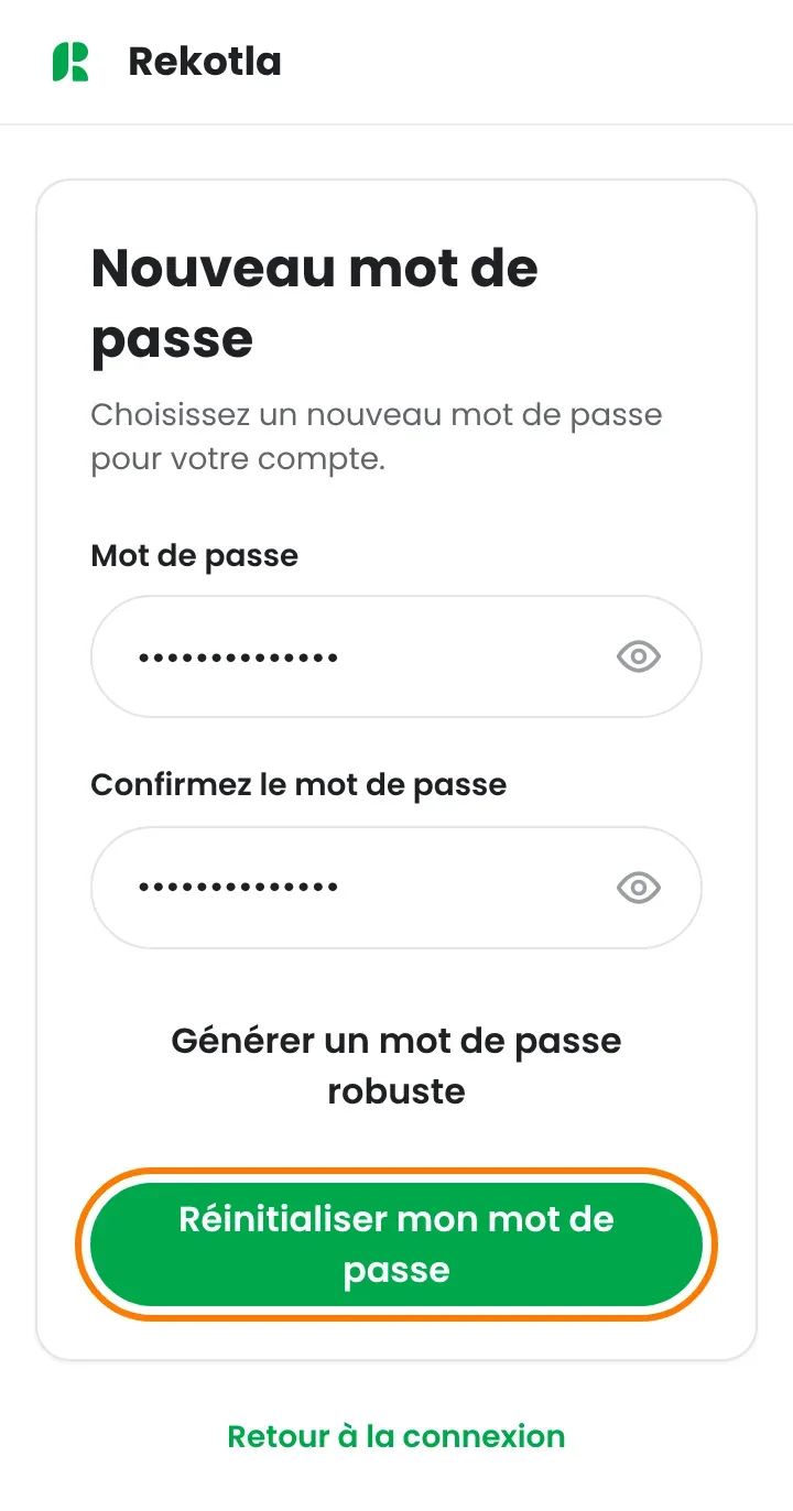 Écran Nouveau mot de passe avec les deux champs et le bouton Réinitialiser mon mot de passe