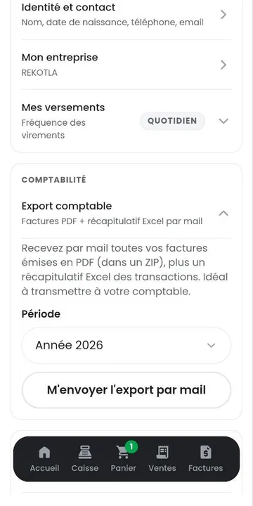 Écran Export comptable avec le choix de la période