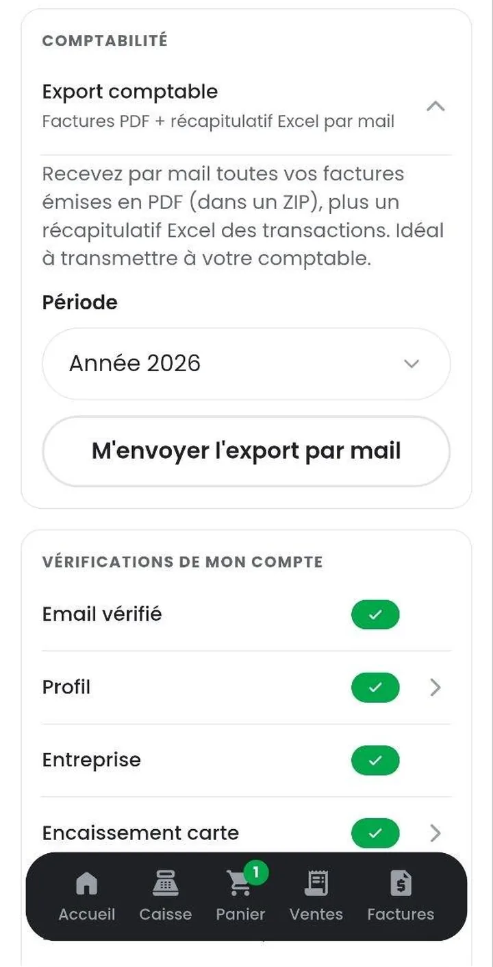 Écran d'export comptable Rekotla : factures en PDF et récapitulatif Excel