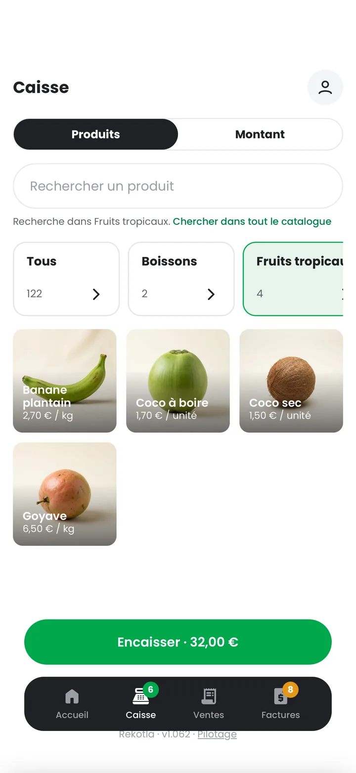 Écran de caisse Rekotla : choix des produits