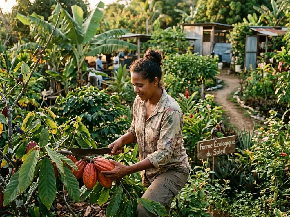 Une productrice récolte des cabosses de cacao dans son jardin, en Martinique.